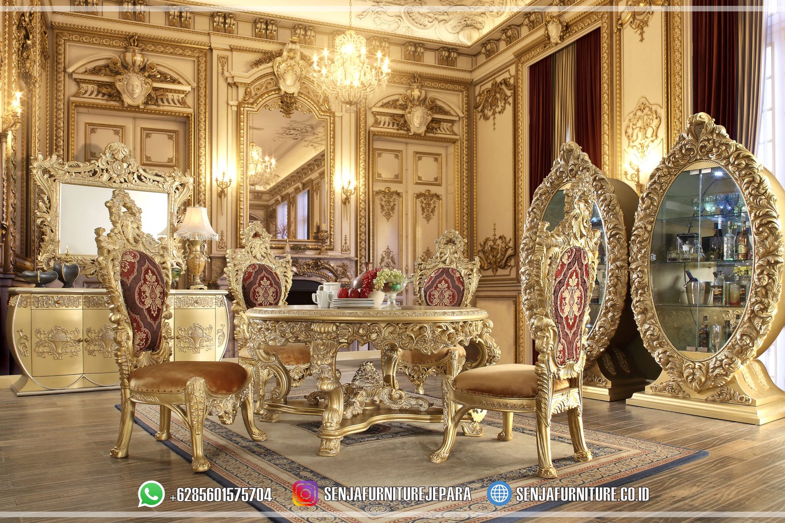 Carved Meja Makan Mewah Eropa Round Gold Ukir Premium Meja Makan Mewah, Meja Makan Klasik, Meja Makan Kayu Jati, Meja Makan Minimalis, Ruang Makan Mewah, Meja Makan Mewah 4 Kursi, Meja Makan Mewah 6 Kursi, Meja Makan Mewah 8 Kursi, Meja Makan Mewah 10 Kursi, Meja Makan Mewah 12 Kursi, Meja Makan Klasik Eropa, Kursi Makan Mewah, Meja Makan Jepara