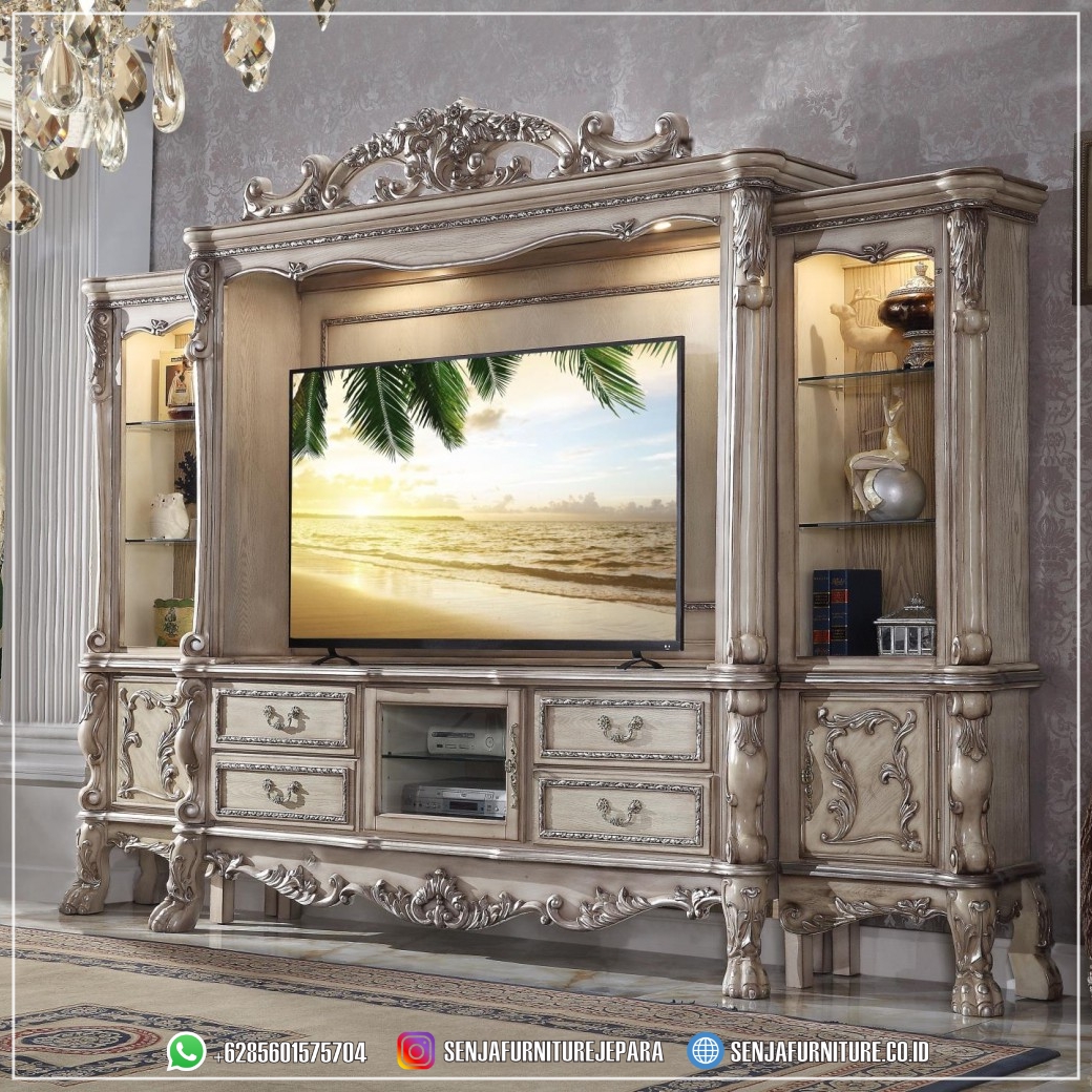Vintage Bufet TV Mewah Entertainment Solid White Bufet TV Mewah, Almari TV Mewah, Meja TV Klasik, Bufet TV Klasik, Bufet TV Minimalis, Bufet TV Kayu Jati, Bufet TV Ukir Jepara, Lemari Hias Klasik, Lemari Hias Mewah, Meja TV Minimalis, Lemari TV Kayu Jati