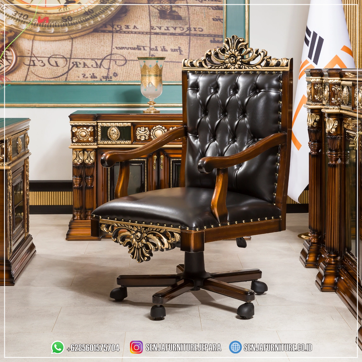 Mebel Kursi Kerja Kulit Mewah Glossy Teak Carving kursi kerja kulit, kursi kantor kulit, kursi kerja direktur, kursi kerja presiden, kursi kerja kulit premium, kursi kantor mewah, kursi kulit asli, kursi kerja PU leather, kursi kerja hidrolik